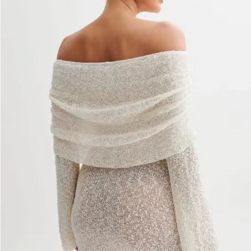 Elegant Off-Shoulder Mini Dress- Knitted With Fuzzy Texture For Summer by The Lux Collective