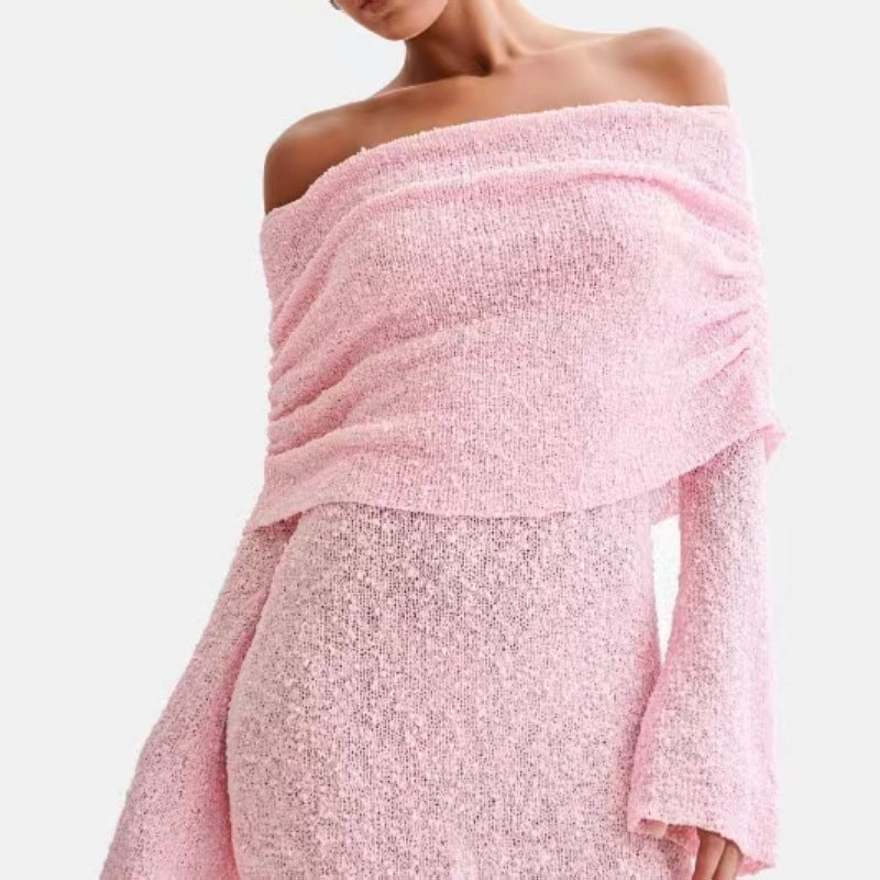 Elegant Off-Shoulder Mini Dress- Knitted With Fuzzy Texture For Summer by The Lux Collective