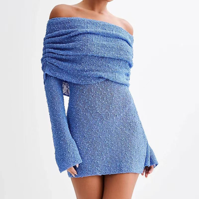 Elegant Off-Shoulder Mini Dress- Knitted With Fuzzy Texture For Summer by The Lux Collective
