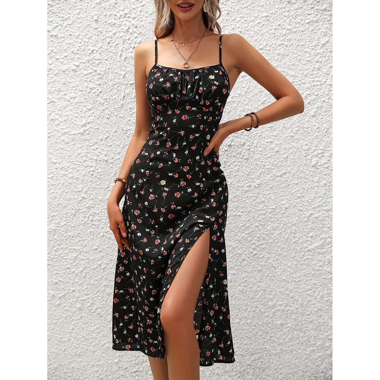 Elegant Suspender Dress- Polka Dot Long Slit Style by The Lux Collective