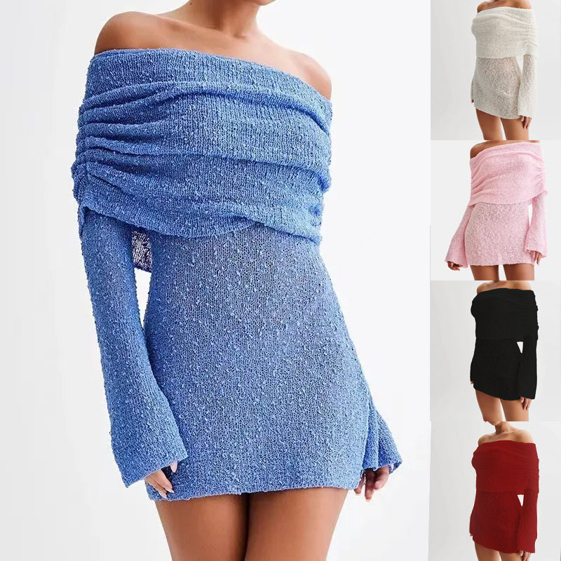 Elegant Off-Shoulder Mini Dress- Knitted With Fuzzy Texture For Summer by The Lux Collective
