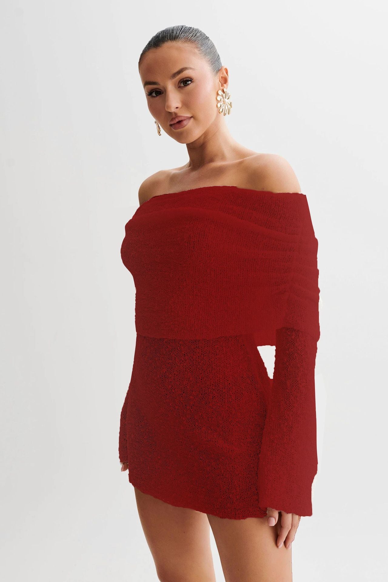 Elegant Off-Shoulder Mini Dress- Knitted With Fuzzy Texture For Summer by The Lux Collective