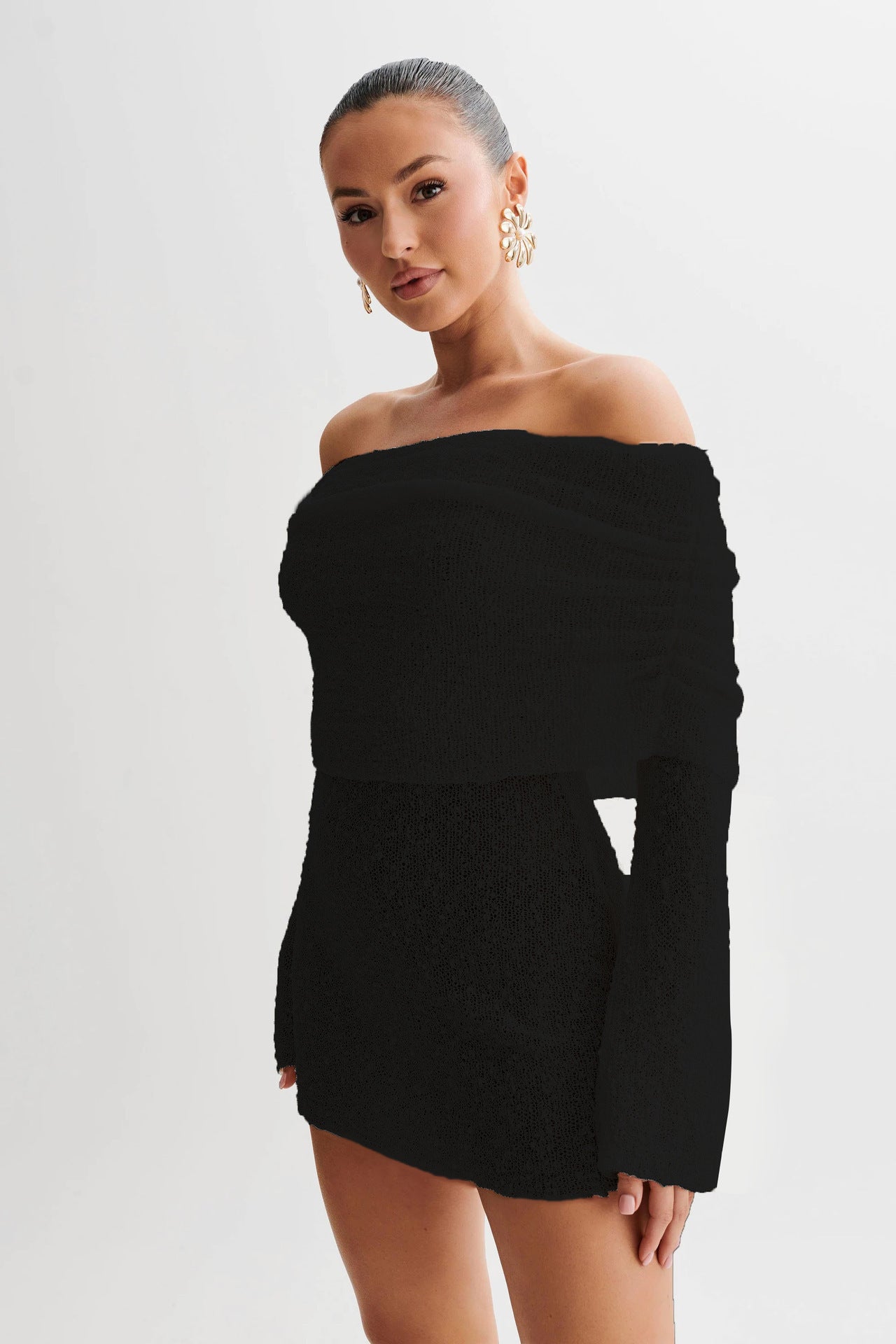 Elegant Off-Shoulder Mini Dress- Knitted With Fuzzy Texture For Summer by The Lux Collective