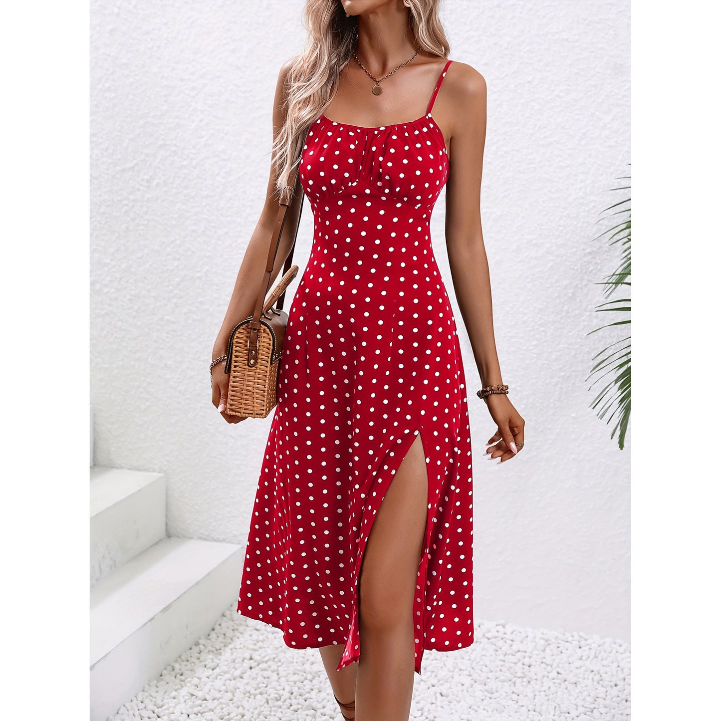Elegant Suspender Dress- Polka Dot Long Slit Style by The Lux Collective