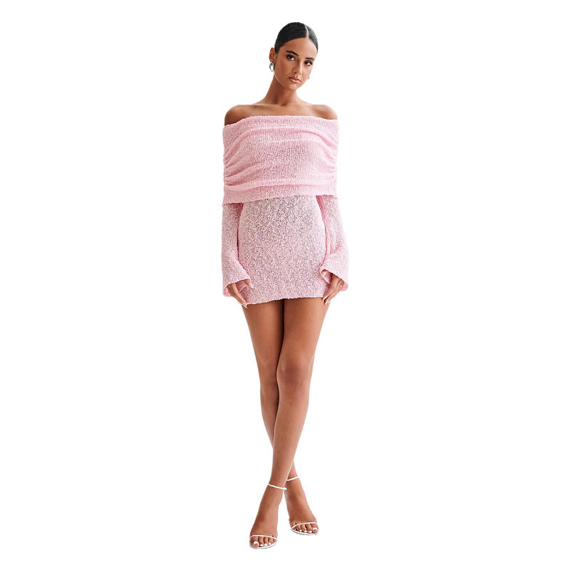 Elegant Off-Shoulder Mini Dress- Knitted With Fuzzy Texture For Summer by The Lux Collective