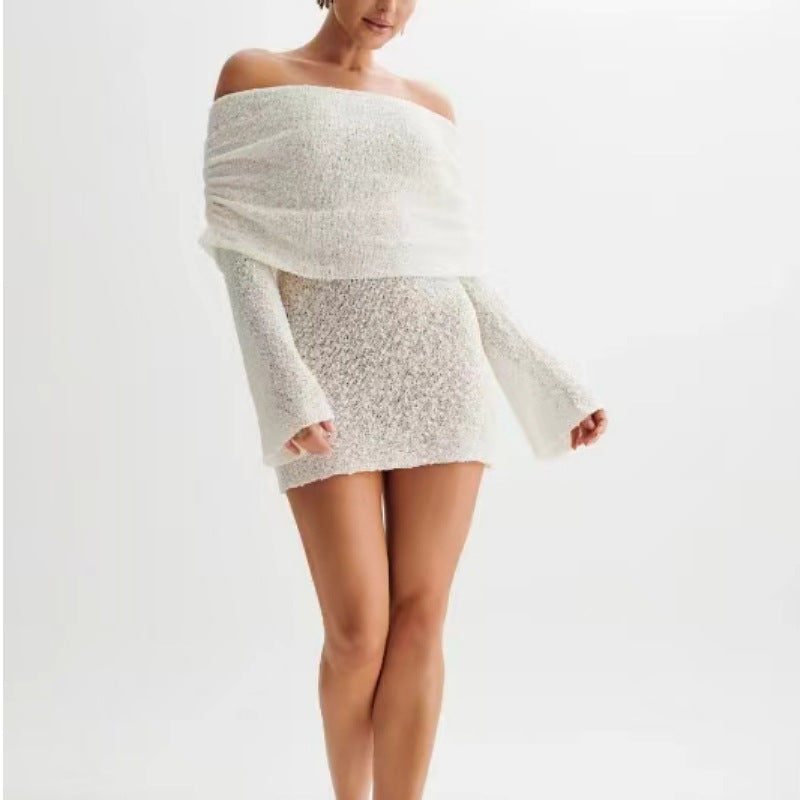 Elegant Off-Shoulder Mini Dress- Knitted With Fuzzy Texture For Summer by The Lux Collective
