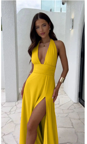 Elegant Halterneck Slit Dress- Backless Strap Fit by The Lux Collective