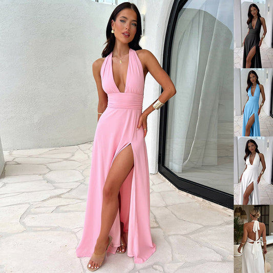 Elegant Halterneck Slit Dress- Backless Strap Fit by The Lux Collective