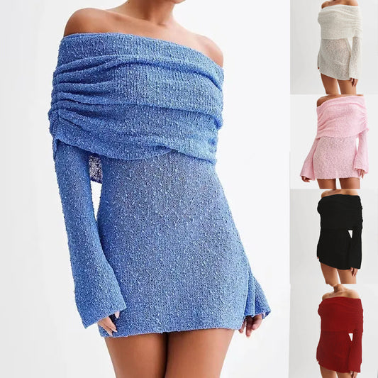 Elegant Off-Shoulder Mini Dress- Knitted With Fuzzy Texture For Summer by The Lux Collective