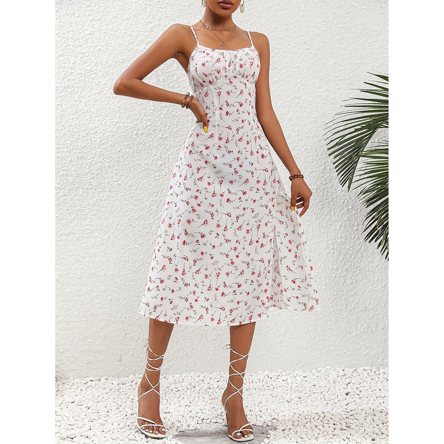 Elegant Suspender Dress- Polka Dot Long Slit Style by The Lux Collective